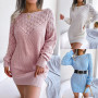 Fashion Women Elegant Long Sleeve Dress Knit Sweater Hollow Out Dress Casual Slash Neck Pullover Mini Dresses