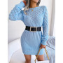 Fashion Women Elegant Long Sleeve Dress Knit Sweater Hollow Out Dress Casual Slash Neck Pullover Mini Dresses