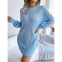 Fashion Women Elegant Long Sleeve Dress Knit Sweater Hollow Out Dress Casual Slash Neck Pullover Mini Dresses