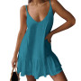 Women Casual Loose Solid Color Short Sleeveless Beach Dress V Neck Spaghetti Strap Sexy Backless Ruffle Tank Mini Dress