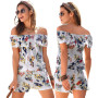 Sexy off Shoulder short Sleeve jumpsuit women romper Print floral shorts ruffles bodysuit overalls