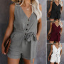 Women Clothes Off Shoulder Belted Tunic Sleeveless suit Solid Casual V-neck Short Home Jumpsuit