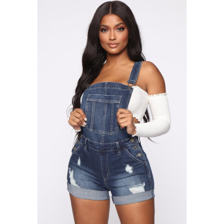 Women denim jumpsuit fashion casual ripped shorts jeans straps