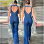 Fashion Sleeveless Jumpsuit Sexy Heart Hollow Backless Denim Romper Women Street Vintage High Waist Jeans Overalls