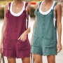 Women Rompers Casual Loose Sleeveless Jumpsuit Solid Button Pocket Suspenders Bib Short Pants Wide Leg Playsuits