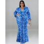 Plus Size Dresses Women Clothes V Neck Long Sleeve Printed Draped Elegant Maxi Long Dress