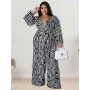 Plus Size Women Print Jumpsuit One Piece Printed Lace Up Casual Wide Leg Bodysuit