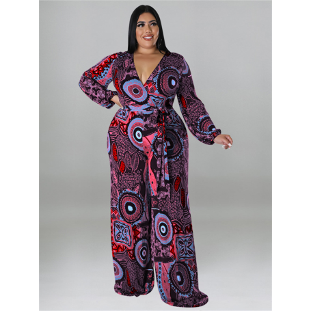 Plus Size Jumpsuit Women Print Fall Clothes One Piece Outfits Print Casual Wide Leg Bodysuit