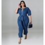 Plus Size Jumpsuit Women Denim Zipper Up Sashes Pockets Trousers Stretch Straight Bodysuit