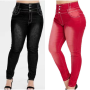 Plus Size Button Up High Waist Skinny Pencil Denim Pants Women Style Stretch Bodycon Red Long Trousers