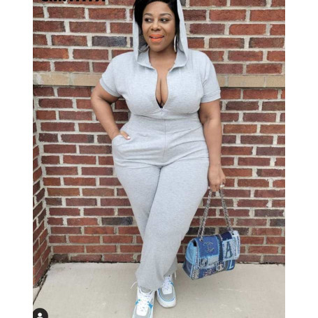 Women Plus Size Jumpsuit Solid Hooded Zipper Stretchy with Pockets Casual One Piece Overall