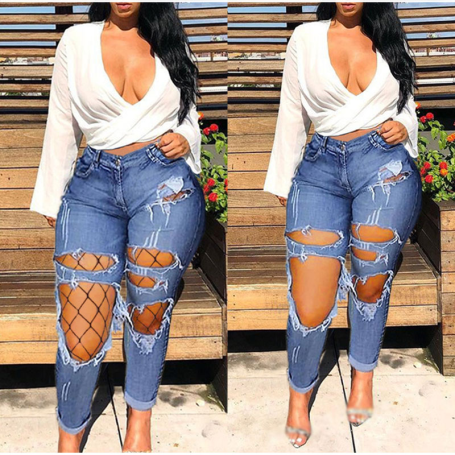 Plus Size Ripped Holes Hollow Out Mesh Stretchy Skinny Jeans 3XL Vintage Slit Denim Pencil Pants