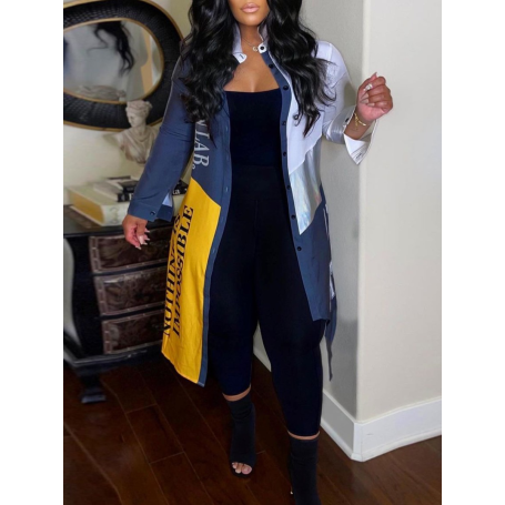 Letter Print Patchwork Coat Trench Coat X Long Shirt Collar Regular Sleeve Button Stitching Way Fashion Streetwear