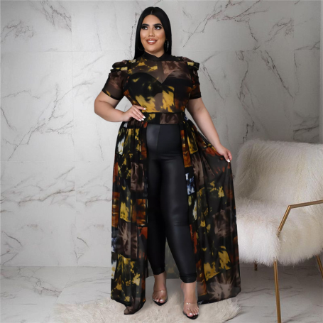 Plus Size T-Shirts Print Women Tops Puff Short Sleeve Mesh See Through Sexy Chiffon Bulk