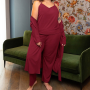 Plus Size Women 2 Pcs Pajama Set V Neck Sleepwear Camisole Trousers Lingerie Soild Color  Sleeveless XL -5XL
