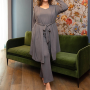 Women Plus Size Nightgown Long Sleeve Soild Color Sleepwear Belted Cardigan Striped Blouse Slim Tops V-Neck Shirt XL-5XL