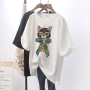 Women T-Shirt Short Sleeve Black Tops Cat Printed Tops O Neck Loose Big Size