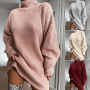 Turtleneck Long Sleeve Sweater Dress Women Autumn Winter Loose Tunic Knitted Casual Pink Gray Clothes Solid Dresses Red