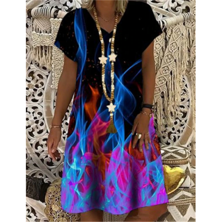 New Women Creative Lovely 3D Print Ladies Loose Dress Casual Short Sleeve V-neck A-line Dress