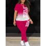Plus Size Two Piece Pink Letter Print tracksuit Pants Set Short long Sleeve Tee Casual Skinny Trousers Lady Matching Outfits