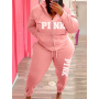 Women Plus Size Clothing Pink Letter Print Tracksuit Set 2 pcs Long Sleeve Hooded Collar