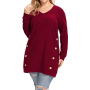 Plus Size Solid T-shirt Women Casual Patchwork Button Long Sleeve New Simplicity V-Neck Loose Medium and Long Tops