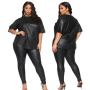 PU Two Piece Plus Size Women Pants Sets Fashion Streetwear Half Sleeve Black T-shirt Elastic Waist Pants