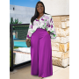 Plus Size Two Piece Set Women Print Shirts Tops and Pants Pockets Wide Leg Fall Fashion Matching Suit