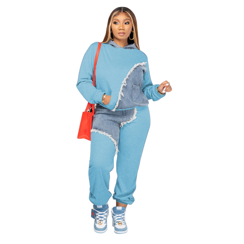 2 Piece Outfits Women Hoodies Sweatpants Sets Patchwork Top Pants