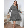 Women Casual Vintage Print Long Sleeves Maxi Elegant Large Size Party Dresses