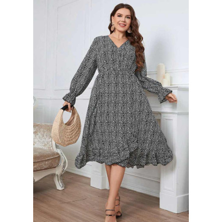 Women Chiffon V Neck Puff Sleeve Floral Print Dress Casual Large Size Clothing