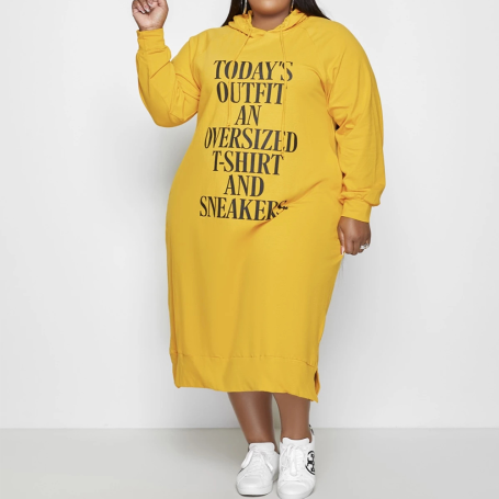Plus Size Dress L-5xl Women Hoodies Letter Print Loose Casual Dress Pockets Maxi Dresses