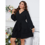 Plus Size Elegant Dresses for Women V Neck Belted Lantern Sleeve Dress