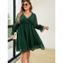 Plus Size Women Clothing V Neck Dress Casual Sexy Swiss Dot Lace Puff Sleeves 3XL 4XL