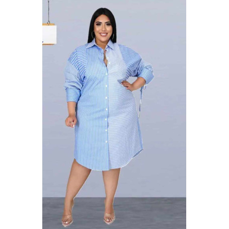 Plus size women clothing fashion Splicing stripe printing long sleeve casual shirt dress