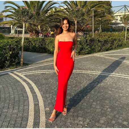 Sexy Strapless Sleeveless Split Fashion Elegant Ladies Solid Bodycon Vacation Slim Evening Dress