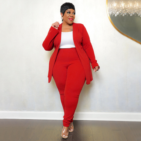 Plus Size Casual Solid Suits Clothing Lapel Cardigan Long Pants Two Piece Sets Women Outfits
