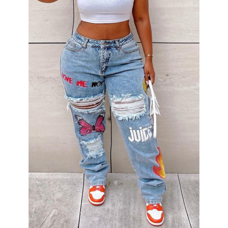 Plus Size High-Waist Print Jeans Straight Zipper Fly Stretchy Daily Sheath Fashion Women's Pants Streetwear