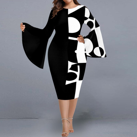 Women Plus Size Dress Sexy Fashionable Flare Sleeve X-shaped Elegant Midi Dress