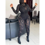 Plus Size See-through Skinny Stretchy Pants Set Female Gauze Sexy Long Sleeve Turtleneck Top+Solid Sheath Matching Outfits