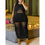 Plus Size Sexy Cut Out Bodycon Dress Hollow-out Sleeveless Elegant Mid Calf Skinny O Neck Black XL-5XL Lady Outfits