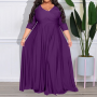 Sexy Solid Color V-Neck High Waist Three Quarter Sleeve Pullover Maxi Dress Plus Size Women's Clothing