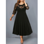 Personality Street Lace Splicing 3/4 Sleeve New Crew Neck Black Plus Size Pullover Big Hem Long Dress for Women 6XL
