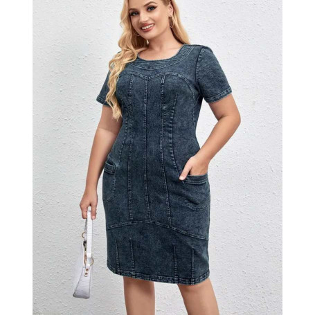Women's Plus Size Denim Cotton Woven Crew Neck Casual Fashion Dress
