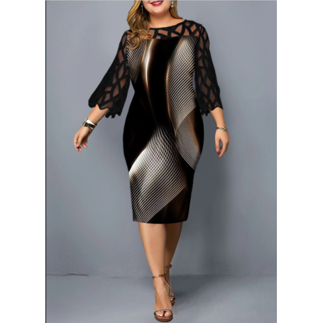 Fashion Sexy Design Plus Size Hip Package Dress Women Lace Print Hollow Out Bodycon Dress