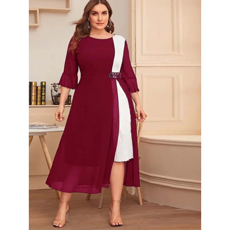 New Patchwork Elegant Fashion Plus Size Dress Women Three Quarter Sleeves Chic Clothes