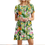 3D Green Leaves Floral Printed Mini Dress For Women Loose Oversized Casual Short Sleeve O-Neck A-Line Dress