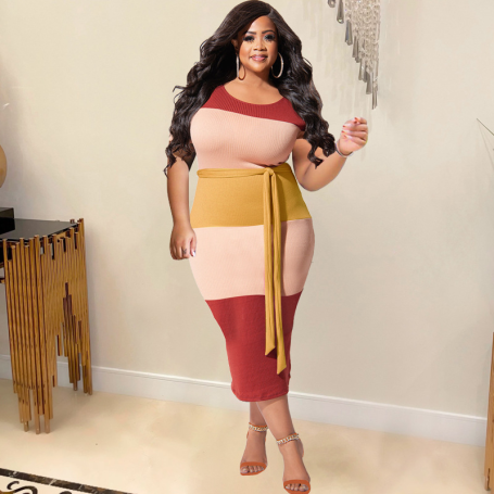 Sexy Skinny Long Dress Women with Sashes Fashion Patchwork Ribbed Dresses Plus Size Clothing