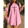Plus Size Faith Letter Print Ruffle Design Loose Dress Elegant Butterfly Sleeve Drop Shoulder A Line Women Clothing