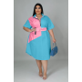 Plus Size Women Patchwork Zipper Turn-down Neck Loose A-line Shirt Style Elegant Fashion Dresses